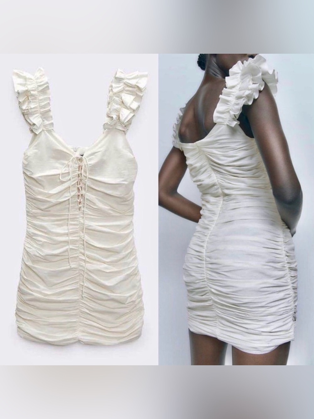 Zara white ruffle ruched linen blend mini dress, XS